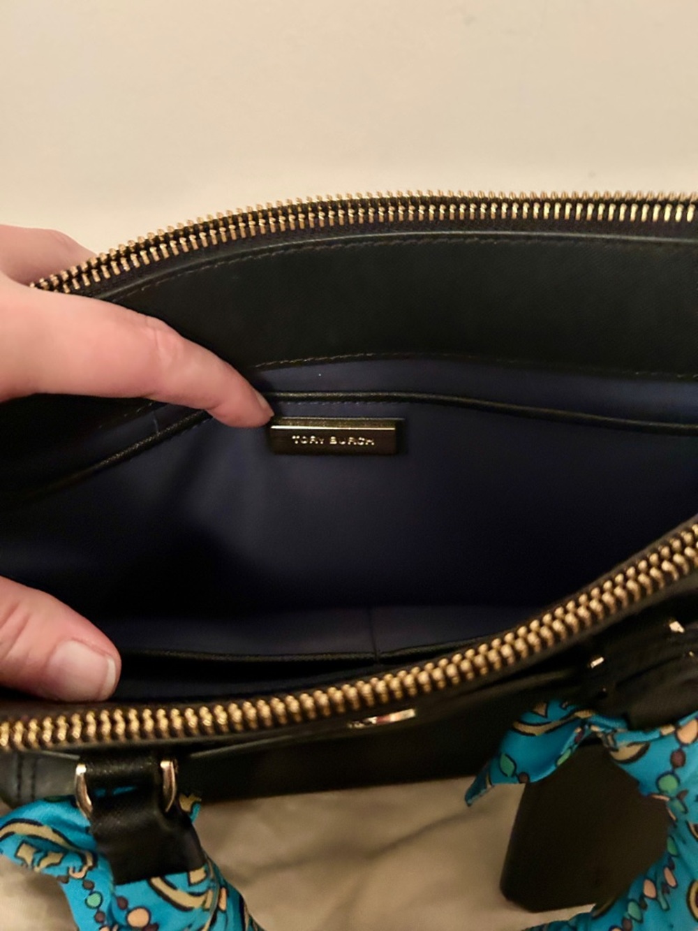 Tory Burch dark Navy Leather Satchel with Turquoise Scarf-Wrapped Handle - Picture 8 of 8